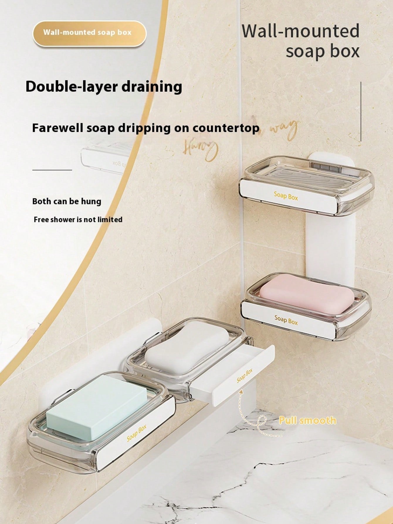 Mydelniczka z drążkiem spustowym, montowana na ścianie mydelniczka, odpowiednia do prysznica, łazienki, wanny, zlewu kuchennego - mydelniczka, samoodpływowa mydelniczka, nie wymaga wiercenia, nie wymaga narzędzi, pojemnik na mydło