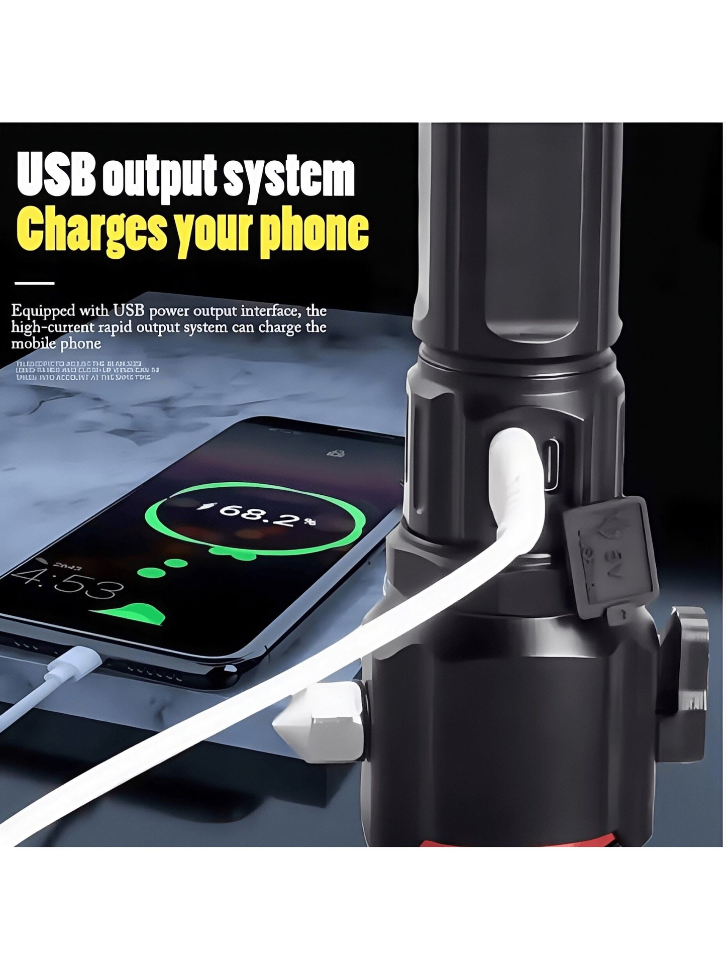 Latarka świetlna, duża moc, szeroki zasięg oświetlenia, możliwość ładowania telefonów komórkowych